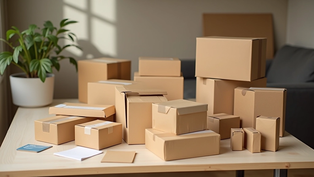Colis d'expédition prêts à envoyer, produits soigneusement emballés, espace de travail organisé avec inventaire de produits