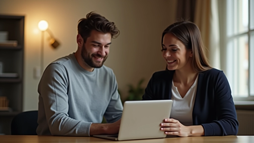 Femme et homme assis ensemble regardant un ordinateur portable avec un tableau de budget visible à l'écran