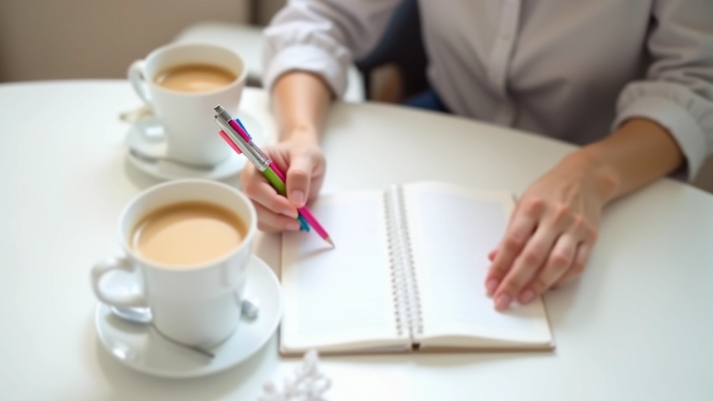 Deux personnes écrivant des notes sur un cahier avec des stylos colorés et une tasse de café à proximité sur une table blanche