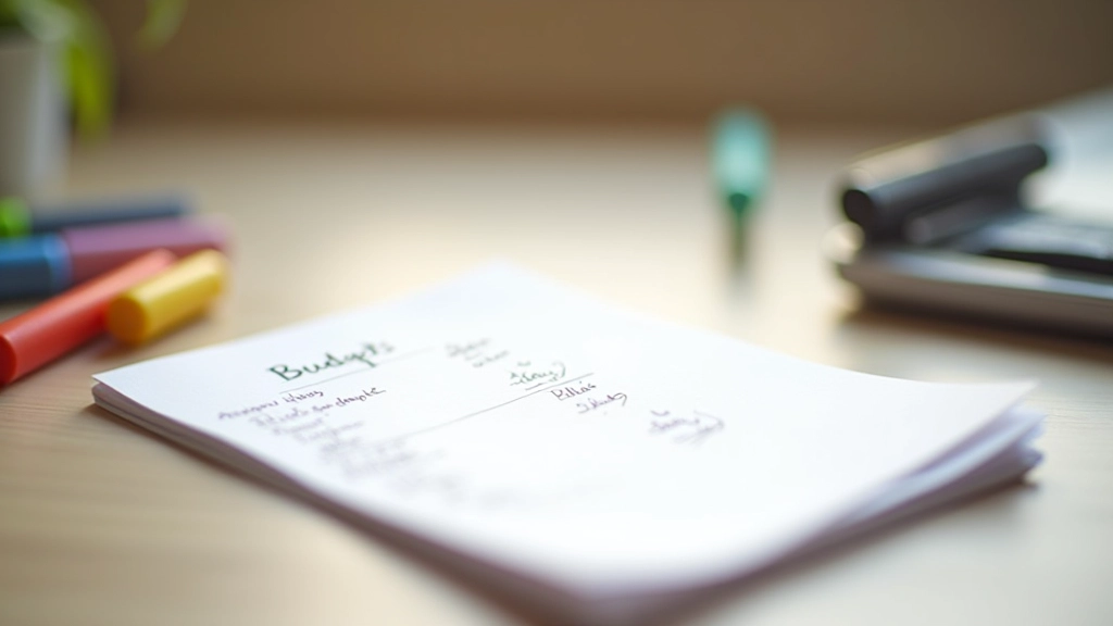 Cahier de budget manuscrit avec colonnes de chiffres et des surligneurs colorés, symboles de différentes catégories de dépenses