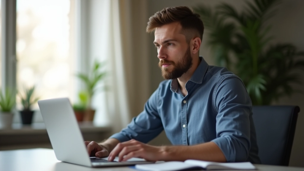 Homme travaillant sur ordinateur portable, journal financier ouvert à côté, espace de travail organisé avec notes et plans