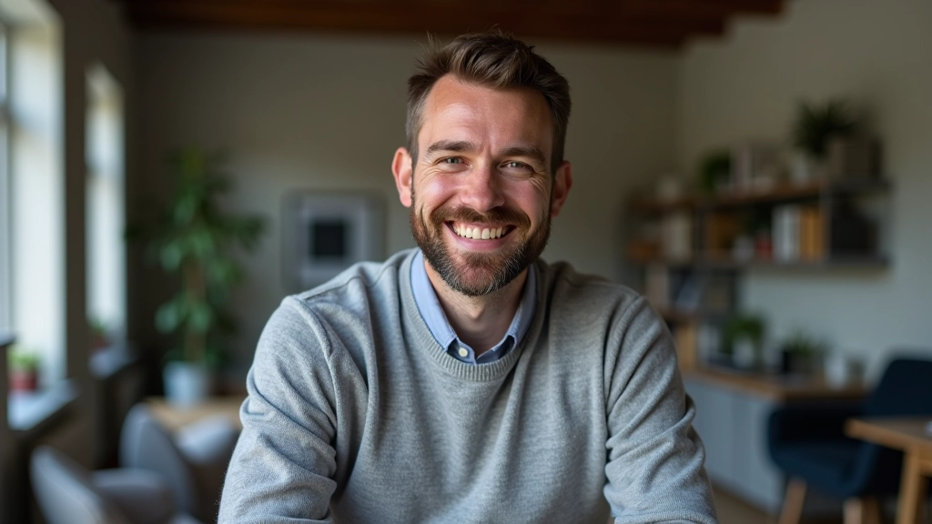 Portrait d'homme, environ 38 ans, tenue décontractée professionnelle dans espace de travail créatif