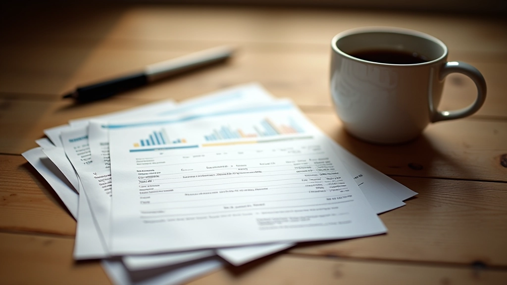Pile de relevés bancaires et de factures étalées sur un bureau avec une tasse de café