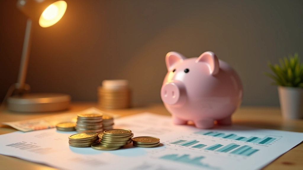 Tirelire rose remplie de pièces de monnaie avec des billets de banque à côté sur un bureau avec des graphiques financiers en arrière-plan