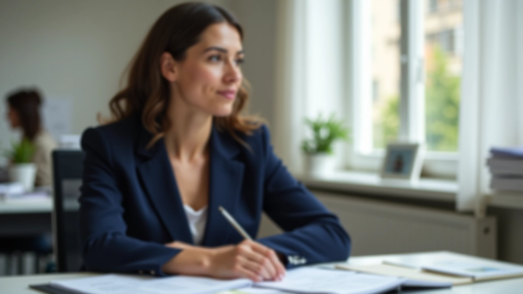 Mathilde Rousseau travaillant sur l'analyse de parcours financiers, documents et notes sur son bureau, environnement de travail professionnel
