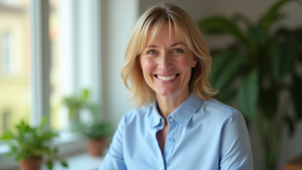 Portrait de femme souriante, environ 40 ans, dans bureau moderne avec plantes