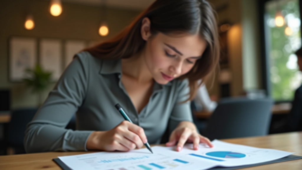 Femme examinant ses documents financiers avec concentration